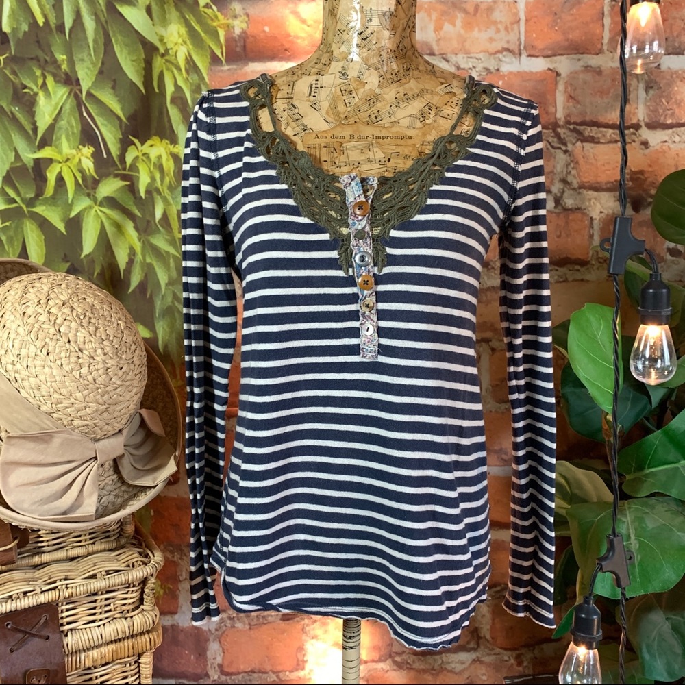 We The Free Navy and White Striped Lace-Trim Henley Top